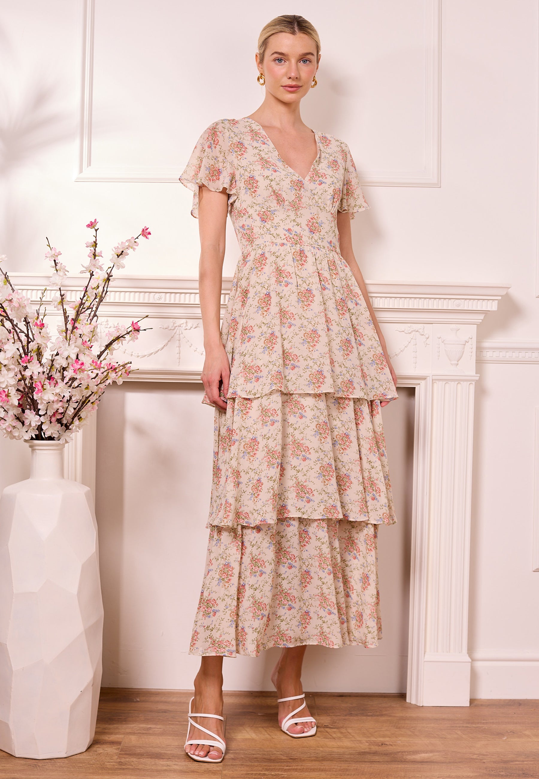 Ditsy Floral Cream Tiered Maxi Dress