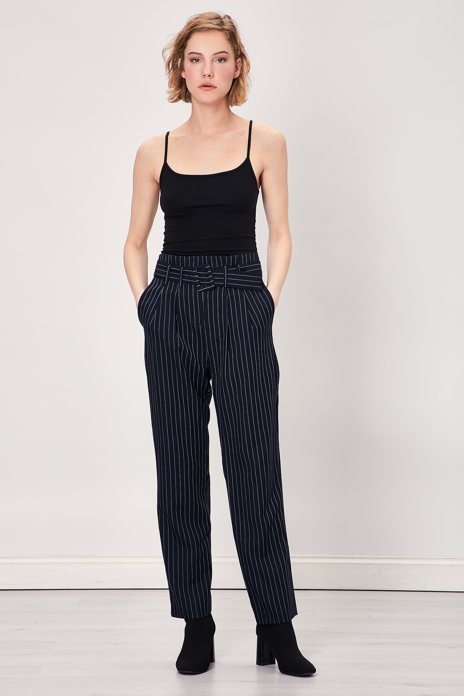 navy pinstripe pants womens