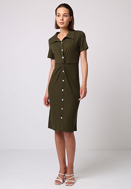 Waist Twist Shirt Dress in Khaki Jersey