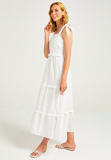 Strappy Tie White Maxi Broderie Tiered Dress