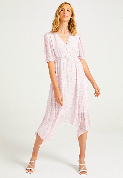 Asymmetrical Midi Dress with Faux Wrap Top in Light Pink