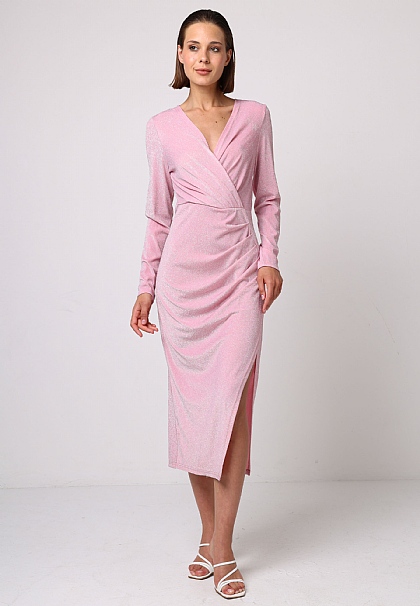 Metallic Faux Wrap Long Sleeves Midi Cocktail Dress in Pink