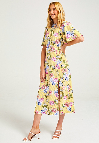 Angel Sleeves Midi Dress with Side Slit in Yellow Floral Print