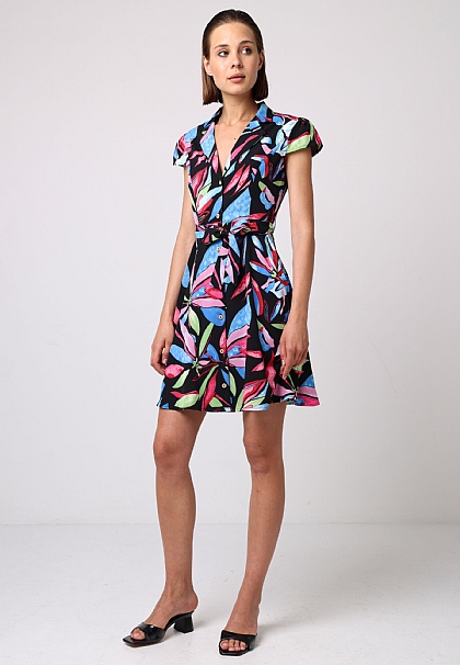 Buttoned Mini Shirt Dress With Cap Sleeves in Black Multi Print