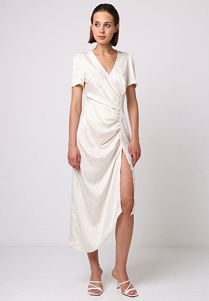Faux Wrap Pleated Detail Asymmetrical Midi Satin Dress