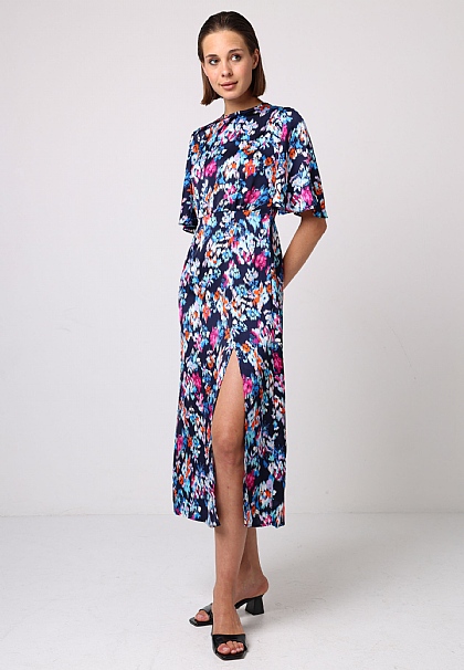 Angel Sleeves Midi Dress with Side Slit in Navy Print