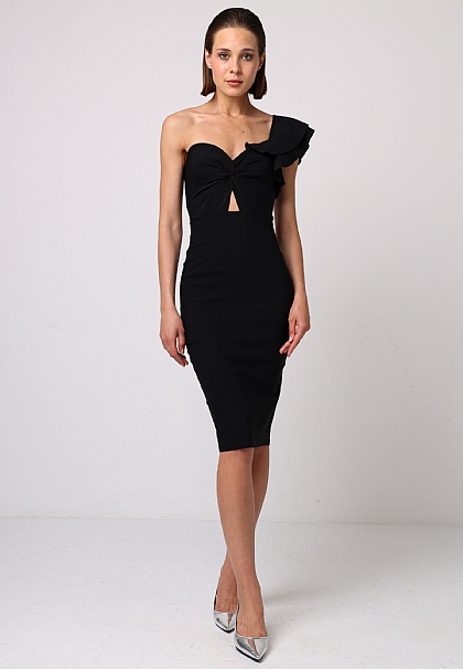 One Ruffled Shoulder Bodycon Black Midi Dress