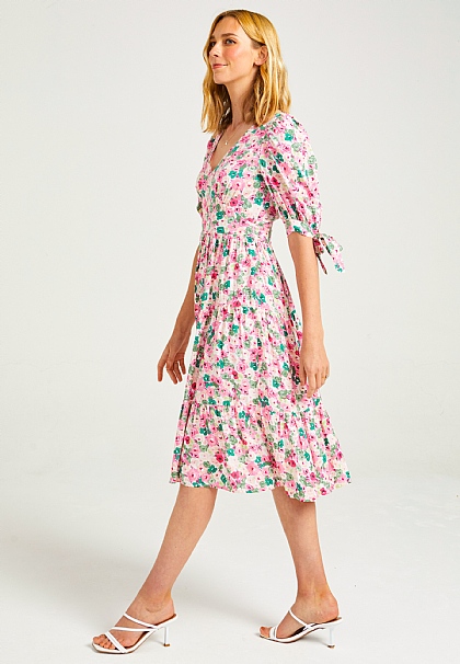 Tiered Floral Midi Dress in Pink