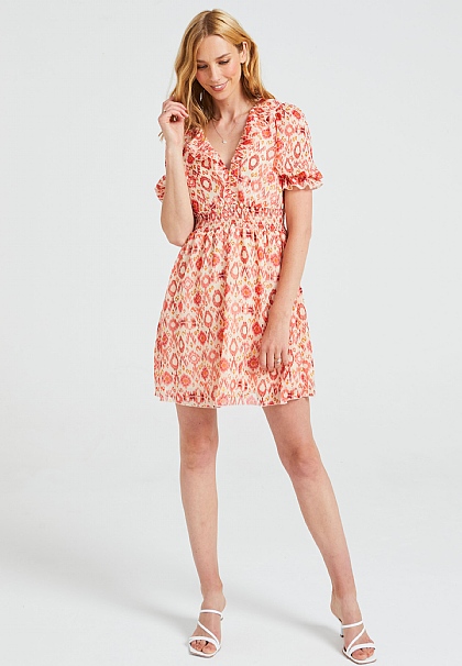 Frill Detail Mini Chiffon Dress in Abstract Print