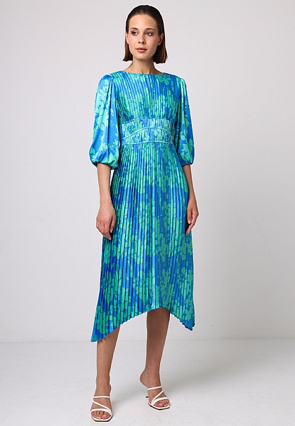 Pleated Hem Waist Detail Midi Blue Floral Dress