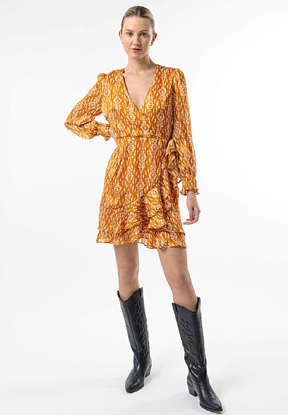 Long Sleeve Ruffle Hem Mini Wrap Dress in Orange Print