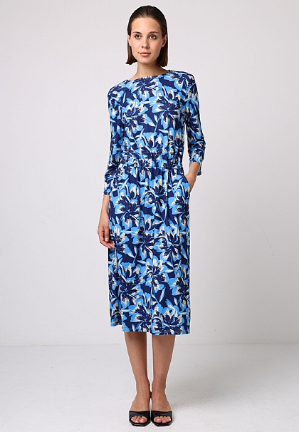 Elasticated Waist Midi Dress in Blue Floral Print