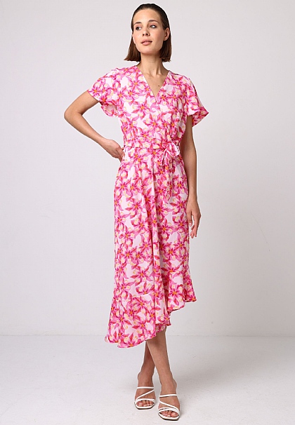 Faux Wrap Ruffled Bias Hem Midi Dress in Pink Floral Print