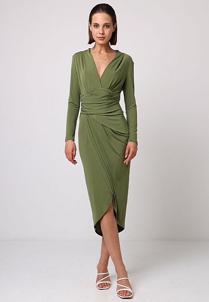 Bodycon Wrap Midi Dress with Long Sleeves in Green