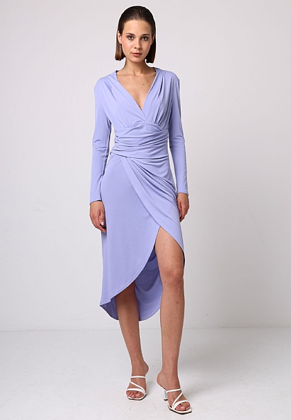 Bodycon Wrap Midi Dress with Long Sleeves in Purple