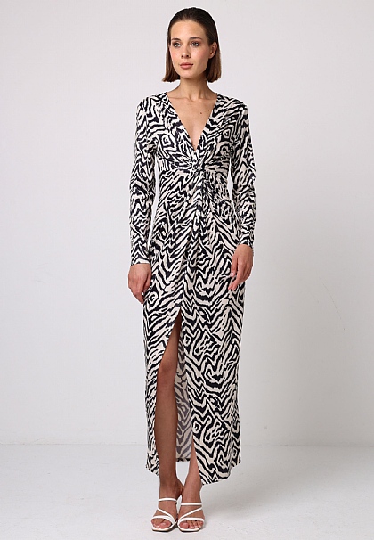 Wrap Knot Bodycon Mono Maxi Dress with Front Slit in Zebra Print