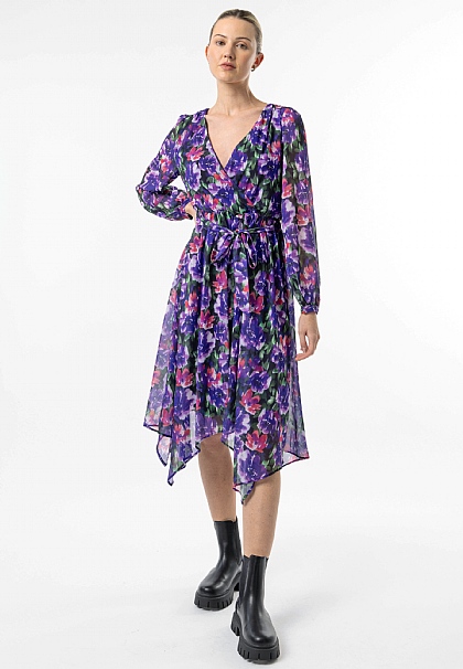 Faux Wrap Bias Hem Midi Dress in Purple Floral Print