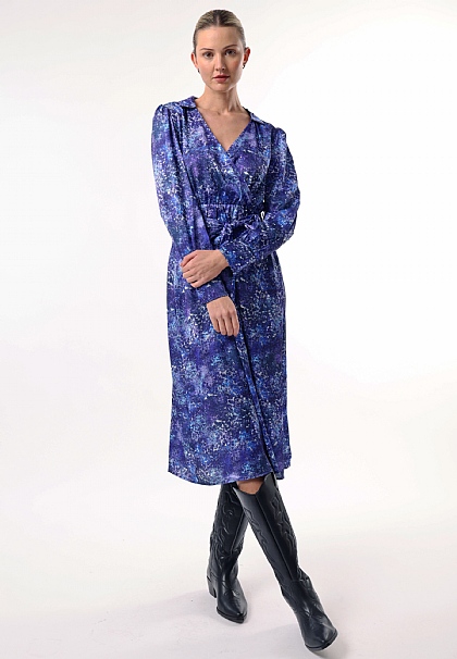 Collared Faux Wrap Midi Dress with Tie Waist in Blue Multi Print