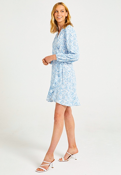 Mini Wrap Summer Dress in Blue Ditsy Floral Print